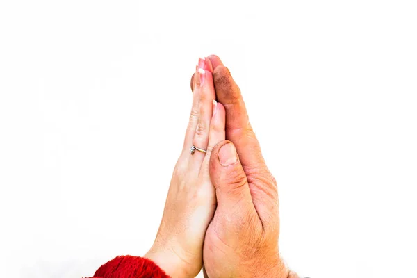 Toccando le mani, padre con mano faticosa dando il cinque wi — Foto Stock
