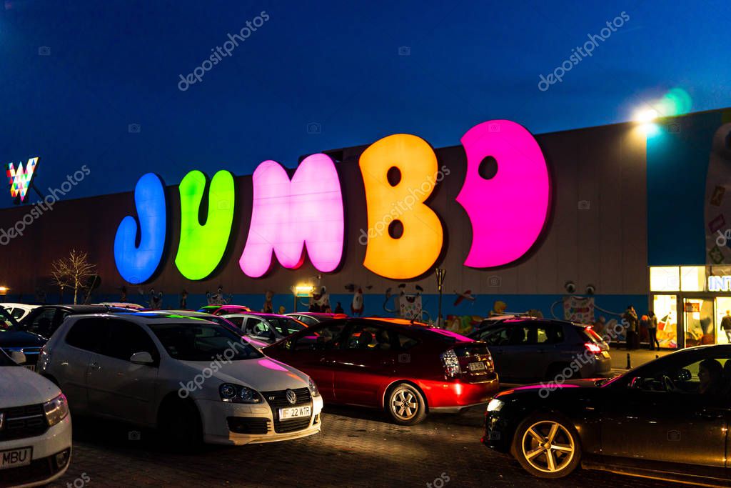 Jumbo shopping mall. Toy store. Big sign, Greek brand, logo of Jumbo Store in Bucharest, Romania, 2020