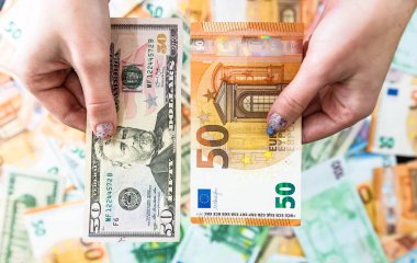 El ele tutuşan para, banknotların arkasında izole edilmiş. Euro ve Biz