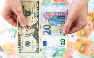 El ele tutuşan para, banknotların arkasında izole edilmiş. Euro ve Biz