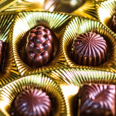 Altın bir kutuda çeşitli çikolatalı pralinler. Kapat şunu.
