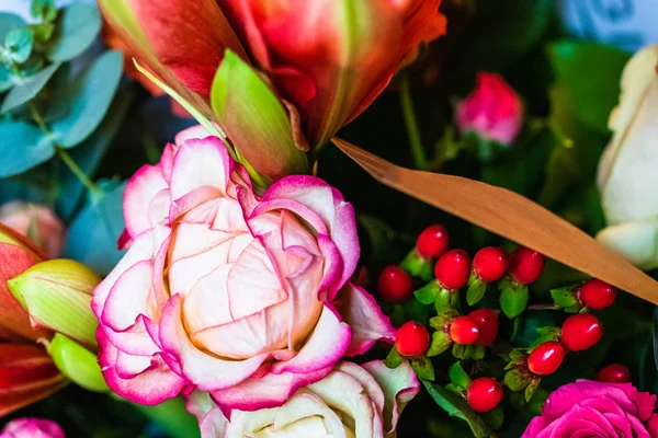 Colorful flowers with brown note. Detail view of flowers with gr — Stock Photo, Image