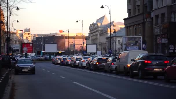 Redakcja Filmu Ruchu Samochodowym Samochody Zatrzymane Czerwonym Świetle Godzinach Szczytu — Wideo stockowe