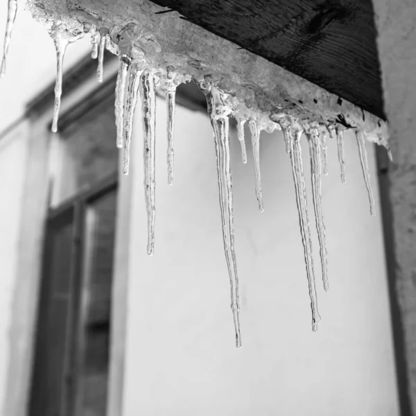 Dach mit Schnee bedeckt, Eiszapfen auf dem Dach isoliert Nahaufnahme. — Stockfoto