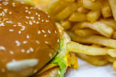 Çizburger ve patates kızartmasının detaylarını kapat. Yemek, abur cubur.