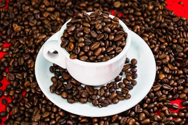 Coffee cup with roasted beans on red and coffee beans background
