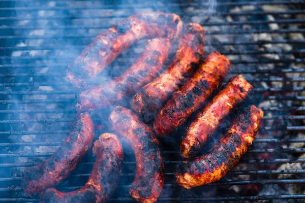 Carne Maiale Salsicce Alla Griglia Barbecue Carbone Vista Dall Alto — Foto Stock
