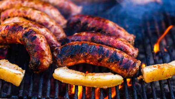 Carne Maiale Salsicce Alla Griglia Barbecue Carbone Vista Dall Alto — Foto Stock