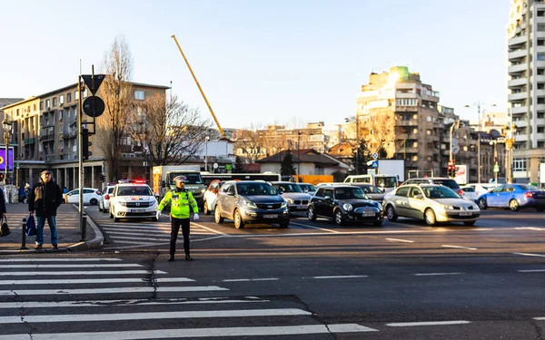 Police Agent Romanian Traffic Police Politia Rutiera Directing Traffic Morning — Stock Photo, Image