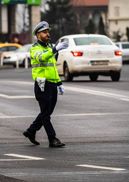 Police Agent Romanian Traffic Police Politia Rutiera Directing Traffic Morning — Stock Photo, Image
