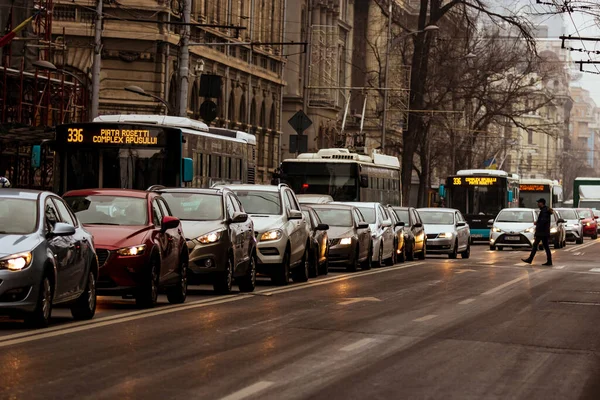 Car Traffic Rush Hour Downtown Area City Car Pollution Traffic — Stock Photo, Image