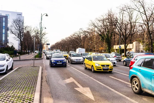 Car Traffic Downtown Area Bucharest Car Pollution Traffic Jam Morning — Stock Photo, Image