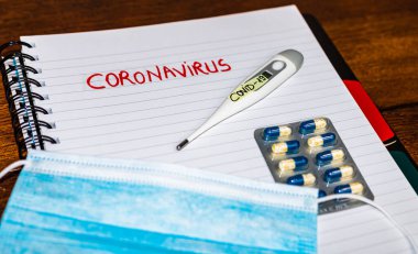 Avrupa 'da yayılan Covid-19 grip virüsü, virüs koruma yöntemleri kavramı (termometre, cerrahi maske, haplar).
