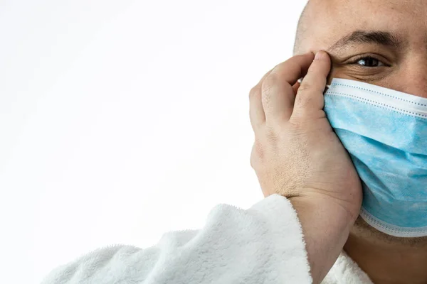 Caucasian Young Man Pain Medical Protective Face Mask Illustrates Pandemic — Stock Photo, Image