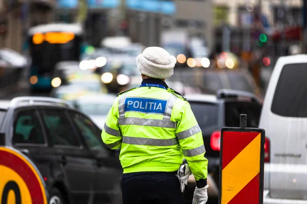 Rumänska Polisen Politia Rutiera Styr Trafiken Och Patrullerar Gatorna För — Stockfoto