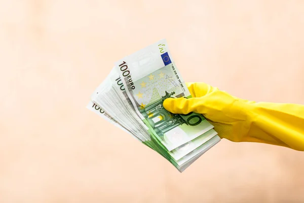 World Money Concept Hand Gloves Receiving Giving Holding 100 Euro Stock Picture