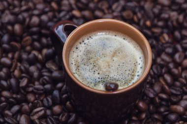 Kırmızı arka planda kavrulmuş kahve çekirdekli kahve fincanı, kahve fotografı.