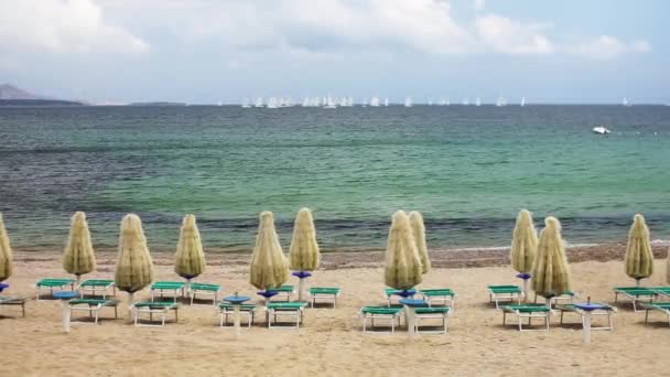 Praia Itália Praia Vazia Com Guarda Chuvas Fechados Cadeiras Sol — Vídeo de Stock