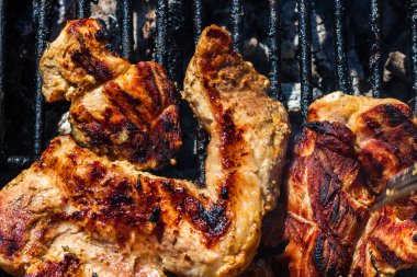 Kömür mangalında ızgara tavuk ve domuz eti. Kamp manzarası, lezzetli barbekü, yemek konsepti, ızgaradaki yemek ve ızgaradaki yemeğin ayrıntıları.