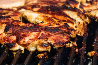 Kömür mangalında ızgara tavuk ve domuz eti. Kamp manzarası, lezzetli barbekü, yemek konsepti, ızgaradaki yemek ve ızgaradaki yemeğin ayrıntıları.