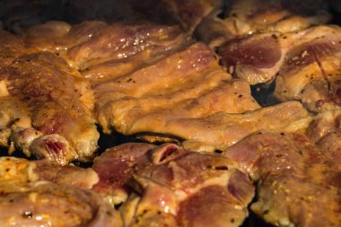 Kömür mangalında çiğ biftek. Kamp manzarası, lezzetli barbekü, yemek konsepti, ızgaradaki yemek ve ızgaradaki yemeğin ayrıntıları.