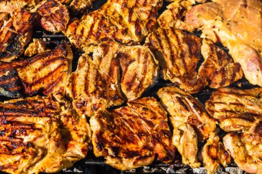 Kömür mangalında ızgara tavuk ve domuz eti. Kamp manzarası, lezzetli barbekü, yemek konsepti, ızgaradaki yemek ve ızgaradaki yemeğin ayrıntıları.