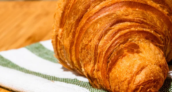 Detail Fresh Croissant Wooden Table Food Breakfast Concept Close Photo — Stock Photo, Image