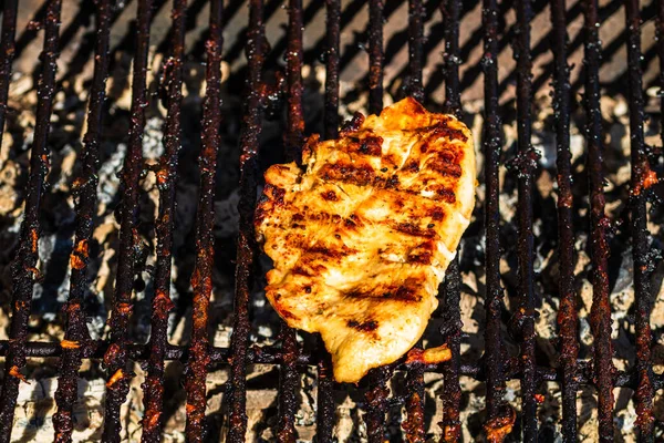 Steak Grilled Charcoal Barbeque Top View Camping Tasty Barbecue Food — Stock Photo, Image