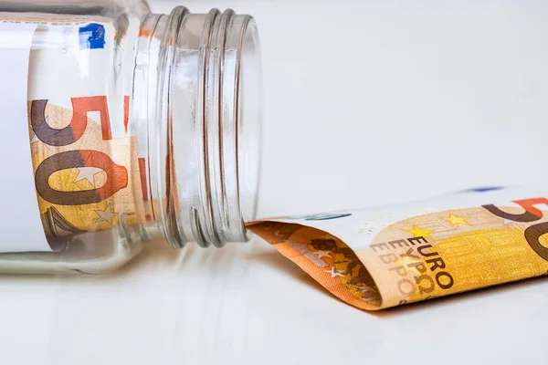 Zusammensetzung Mit Spargeldscheinen Euro Einem Glas Konzept Der Geldanlage Und — Stockfoto