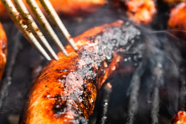 Close Sobre Detalhes Salsichas Caseiras Churrasqueira Conceito Churrasco Churrasqueira Comida — Fotografia de Stock