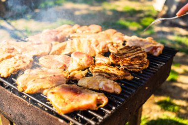 Kömür mangalında çiğ biftek. Kamp manzarası, lezzetli barbekü, yemek konsepti, ızgaradaki yemek ve ızgaradaki yemeğin ayrıntıları.