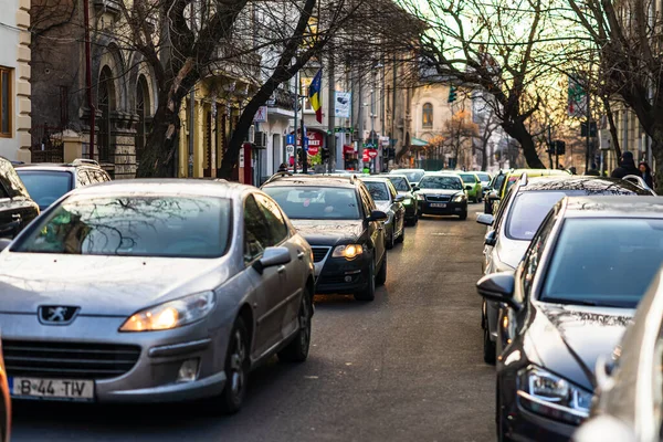 Traffico Automobilistico All Ora Punta Nel Centro Della Città Inquinamento — Foto Stock