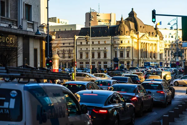 Автомобільний Рух Годину Пік Центрі Міста Забруднення Автомобілів Затори Вранці — стокове фото