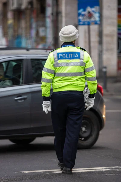 Agente Polizia Locale Irriconoscibile Poliziotto Rumeno Vigile Del Traffico Politia — Foto Stock