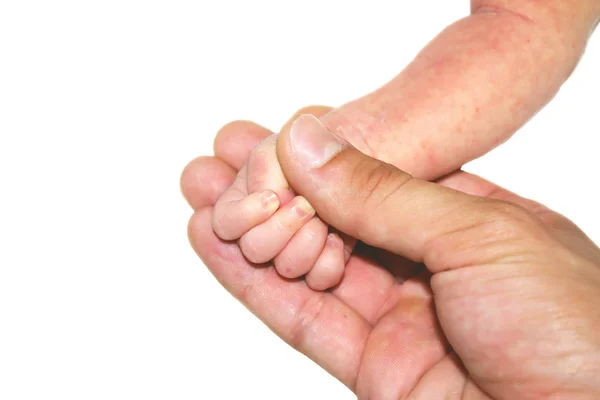 Main Nouveau Dans Main Jeune Père Sur Fond Blanc Isolé — Photo