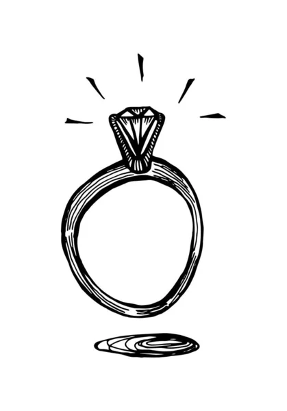 Une Bague Avec Diamant Illustration Isolée Noir Blanc Dessinée Main — Image vectorielle