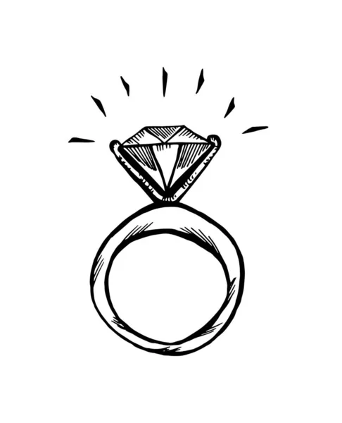 Anillo Con Diamante Doodle Dibujado Mano Ilustración Aislada Blanco Negro — Archivo Imágenes Vectoriales