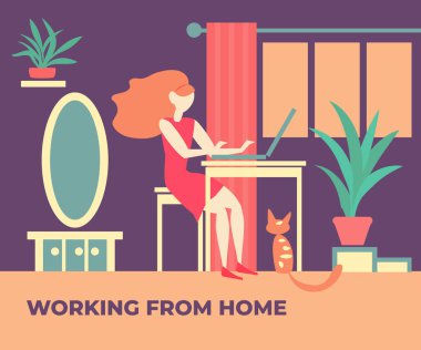 Bilgisayardaki kız. Evde çalış. Vektör renk illüstrasyonu.