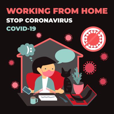 Evde kal. Coronavirus COVID-19 'u durdurun. Bilgisayardaki kız. Şablon posteri tasarla. Vektör renk illüstrasyonu.