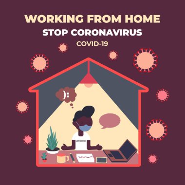 Evde kal. Coronavirus COVID-19 'u durdurun. Bilgisayardaki adam. Şablon posteri tasarla. Vektör renk illüstrasyonu.