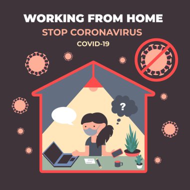 Evde kal. Coronavirus COVID-19 'u durdurun. Bilgisayardaki kız. Şablon posteri tasarla. Vektör renk illüstrasyonu.