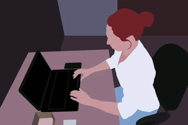 Egy Lány Számítógépnél Munkahelyi Vektorszín Illusztráció — Stock Vector
