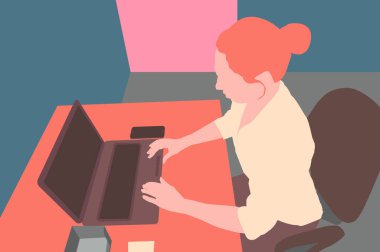 Dizüstü bilgisayarda çalışan bir kız. İş yeri. Vektör renkli illüstrasyon.