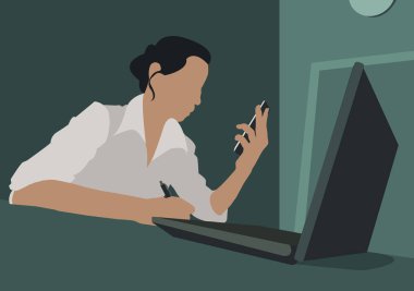 Masasında dizüstü bilgisayarı olan bir kız. Renk vektörü illüstrasyonu.