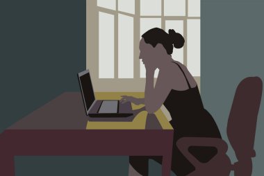 Kız masada dizüstü bilgisayarda çalışıyor. Renk vektörü illüstrasyonu.