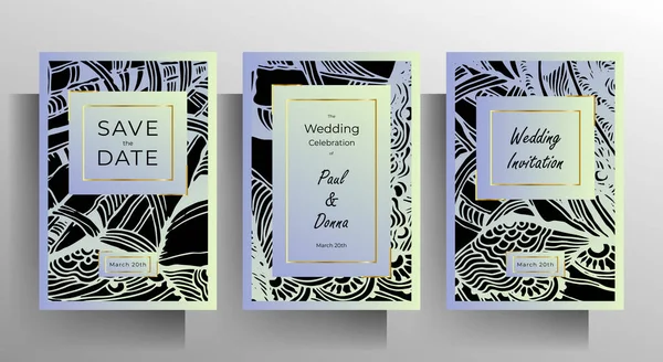 Design Wedding Invitation Card Set Elegant Concept Hand Drawn Textural — Stock Vector