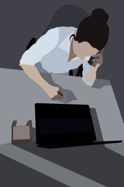 Masasında dizüstü bilgisayarı olan bir kız. Renk vektörü illüstrasyonu.