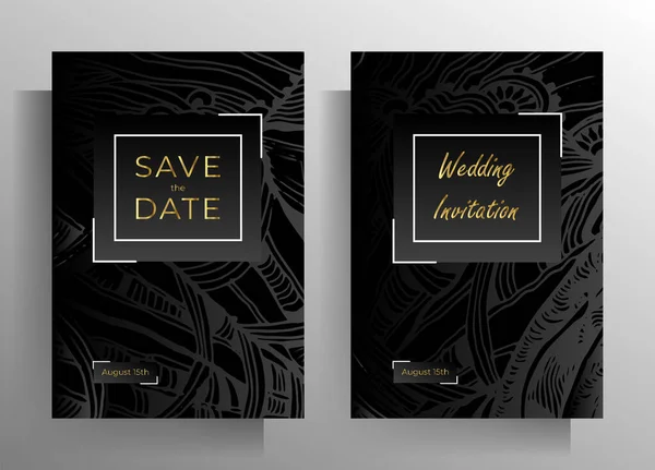 Design Wedding Invitation Card Set Strict Concept Black Hand Drawn — Stock Vector