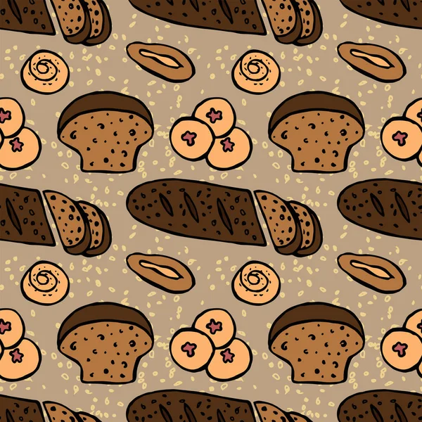 Ψωμί Και Προϊόντα Αρτοποιίας Χωρίς Ραφή Μοτίβο Χειροποίητη Έγχρωμη Απεικόνιση — Διανυσματικό Αρχείο