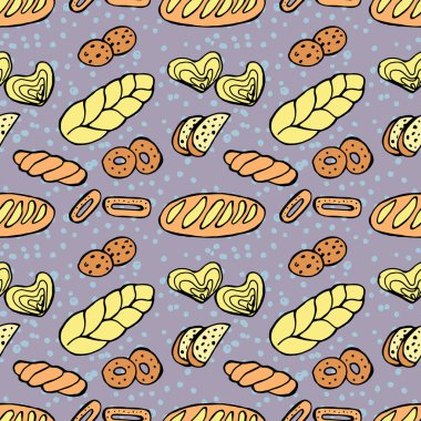 Ekmek ve fırın ürünleri kusursuz. El çizimi renk izole vektör çizimi. Vektör 10 EPS.